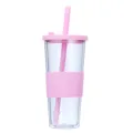 Double wall plastic tumbler with straw and pink silicone sleeve for boba tea, large capacity. - 24oz / Pink