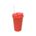 Close-up detail of red insulated tumbler with straw and dual drink lid, sleek product view. - 480ml / Orange