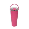 Primo piano dettagliato del bicchiere termico in acciaio inossidabile rosa con coperchio e manico. - 850ml / viola-rosso