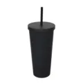 Mattschwarzer doppelwandiger Kunststoffbecher mit Strohhalm und flachem Deckel 24oz Becher - Schwarz