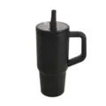 Detailed view of black stainless steel insulated tumbler with ergonomic handle and straw lid. - 600ml / Black