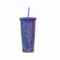 Dubbelwandige pailletten rietje bekers paars plastic draagbare waterfles 710ml - 24oz / Donkerpaars