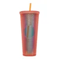 Orangefarbener, genoppter Kunststoffbecher mit Strohhalm, 24oz doppelwandiger Diamantbecher. - Transparentes Orange