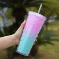 Schöner Farbverlauf Meerjungfrau Schuppen Becher mit Strohhalm, Sommer Plastik Wasserbecher. - Pink-Grün PET