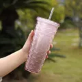 Rosa Meerjungfrau Schuppen Becher mit Strohhalm, große Kapazität Sommer Glitzer Wasserflasche. - Irisierender Glitzer Traumhaftes Rosa