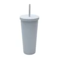 Hellgrauer doppelwandiger Kunststoff-Trinkbecher mit Strohhalm und flachem Deckel, 24OZ. - Grau