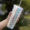 Ιριδίζον ποτήρι γοργόνας με καλαμάκι, μεγάλη χωρητικότητα και κομψή κούπα νερού. - Ολογραφικό Ασημί