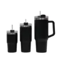 Stainless steel tumbler set, black vacuum insulated travel mug with handle and straw. - Three-Piece Set / Black