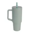 Close-up view of light green 40oz stainless steel travel tumbler with handle and straw lid. - 40oz / Light Green