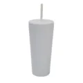 Gobelet double paroi en acier inoxydable blanc avec paille et couvercle vue de détail usage. - 24oz / Blanc