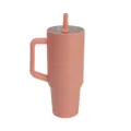 Stainless steel tumbler detail showing ergonomic handle and convenient straw lid design. - 40oz / Orange