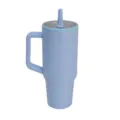 Detailed view of light blue 40oz stainless steel insulated tumbler with handle and straw lid. - 40oz / 64441 Light Blue
