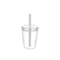 Clear 12oz plastic tumbler with straw and lid, detail view showing transparent cup body. - White 8739