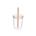 Detailed view of the 12oz clear Tritan straw cup featuring a cute pink silicone straw. - Orange 8747
