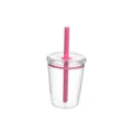 Clear 12oz Tritan straw cup detail, featuring pink lid ring and matching straw design. - Rose Red 8886