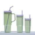 Großes 40oz Kunststoff Becher Set mit Strohhalm und Griff für den täglichen Gebrauch. - Transparent Klares Grün Dreiteiliges Set