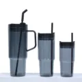Set of 3 large capacity grey plastic tumblers with handle, lid and straw for outdoor travel. - Transparent Gray Blue Three-Piece Set
