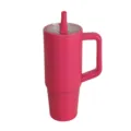 Pink insulated tumbler with handle and straw lid, perfect for car travel and daily use. - 30oz / Fuschia