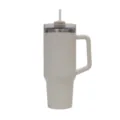 Beige stainless steel insulated travel tumbler with side handle, straw and clear lid. - Large / White