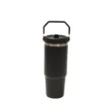 Detail view of the black 30oz insulated travel tumbler showing foldable handle and lid. - Black