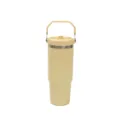 Detailed view of the 30oz insulated travel tumbler, featuring a convenient folding handle and secure lid. - Light Yellow