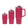 Stainless steel tumbler set pink travel mug with handle straw insulated cup 3-piece - Three-Piece Set / Fuschia