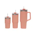 Pink stainless steel insulated tumbler set with straw and handle for travel and daily use. - Three-Piece Set / Orange