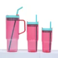 Rosa 40oz Trinkbecher Set Große Kapazität Kunststoff Reisebecher mit Strohhalm Griff - Transparent Klares Rot Dreiteiliges Set