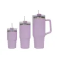Purple stainless steel insulated tumbler set with handle and straw for daily travel and car use - Three-Piece Set / Light Purple