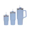 3-piece stainless steel insulated tumbler set with handle, straw, and lid for travel and car. - Three-Piece Set / Light Blue