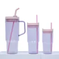40oz Tumbler with Handle and Straws 3-Piece Set Large Capacity Plastic Travel Water Cup - Transparent Clear Purple Three-Piece Set