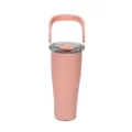 Detailed view of the pink stainless steel insulated tumbler with a clear lid and portable handle. - 850ml / Orange