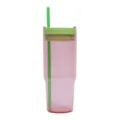 40oz large capacity plastic tumbler with straw, pink cup and green lid for outdoor travel. - 26oz Transparent Pink