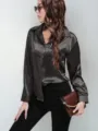Women elegant satin long sleeve blouse solid color button down shirt office casual top new - S / Dark Gray