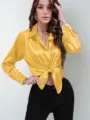 Elegant Women Yellow Satin Casual Long Sleeve Button Down Tie Front Silk Blouses Top - S / Lemon Yellow