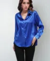 Royal blue satin long sleeve button up shirt for women, elegant silk feel blouse. - S / Sapphire Blue