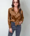 Brown satin blouse for women, silk-like long sleeve button-down shirt with front tie. - S / Dark Brown