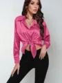 Women silk satin long sleeve button down shirt casual elegant lapel tied front top for ladies - S / Glitter