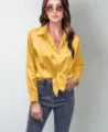 Women Bright Yellow Satin Long Sleeve Front Knot Button Down Shirt Top Variant Size - S / Lemon Yellow
