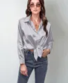 Elegant Women Satin Long Sleeve Blouse Front Tie Button Down Casual Silk Shirt Grey Top - S / Gray