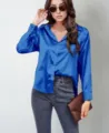 Blue satin long sleeve button down shirt women chic silk feel blouse top for daily casual wear. - S / Sapphire Blue