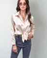 Women champagne satin long sleeve blouse chic button down silk shirt casual elegant top. - Off White