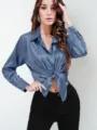 Women's blue satin long sleeve button down shirt, stylish tie front lapel blouse variant. - Navy Blue