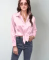 Women pink silk feel satin long sleeve button up shirt tied waist casual blouse top - Lotus Pink