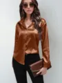 Women satin silk-like long sleeve blouse, elegant button-down solid top in copper brown variant. - Dark Brown