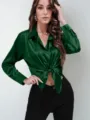 Dark green satin blouse for women, elegant front tie long sleeve button down top. - Dark Green