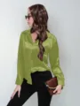 Satin long sleeve blouse solid color button down shirt elegant top for women wear - Olive