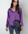 Women purple satin silk long sleeve blouse shirt, elegant casual office top for daily wear. - Purple