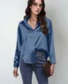 Women's blue satin long sleeve button-up shirt, elegant silky blouse top for daily wear. - Navy Blue