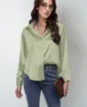 Women's long sleeve satin blouse elegant button down solid color casual office shirt top - Light Green